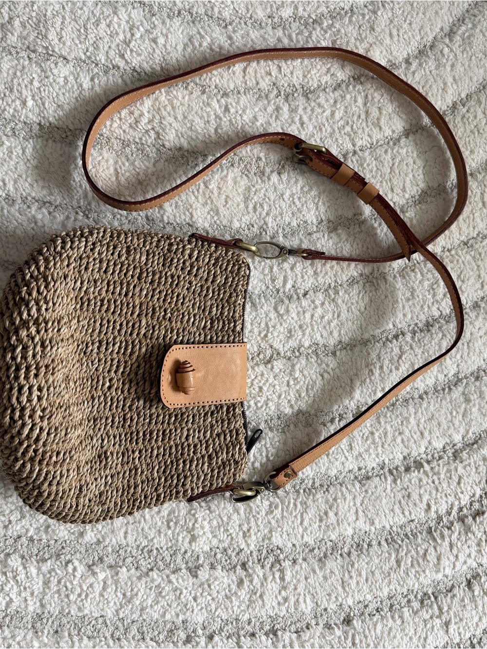 Woven Straw Crossbody Bag with Tan Leather Trim